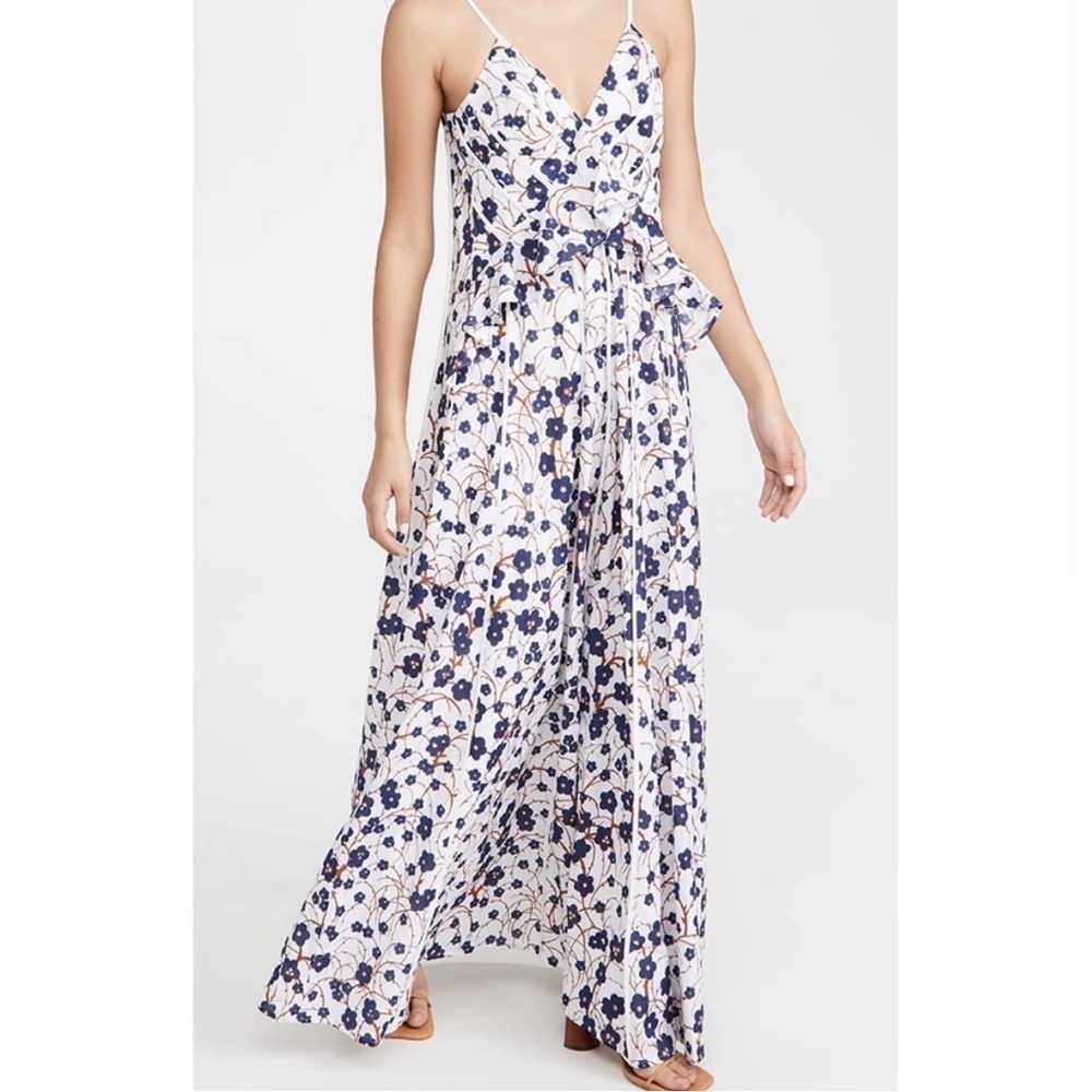Amur White Floral Blue Cotton Ruffle Maxi Dress Size 0